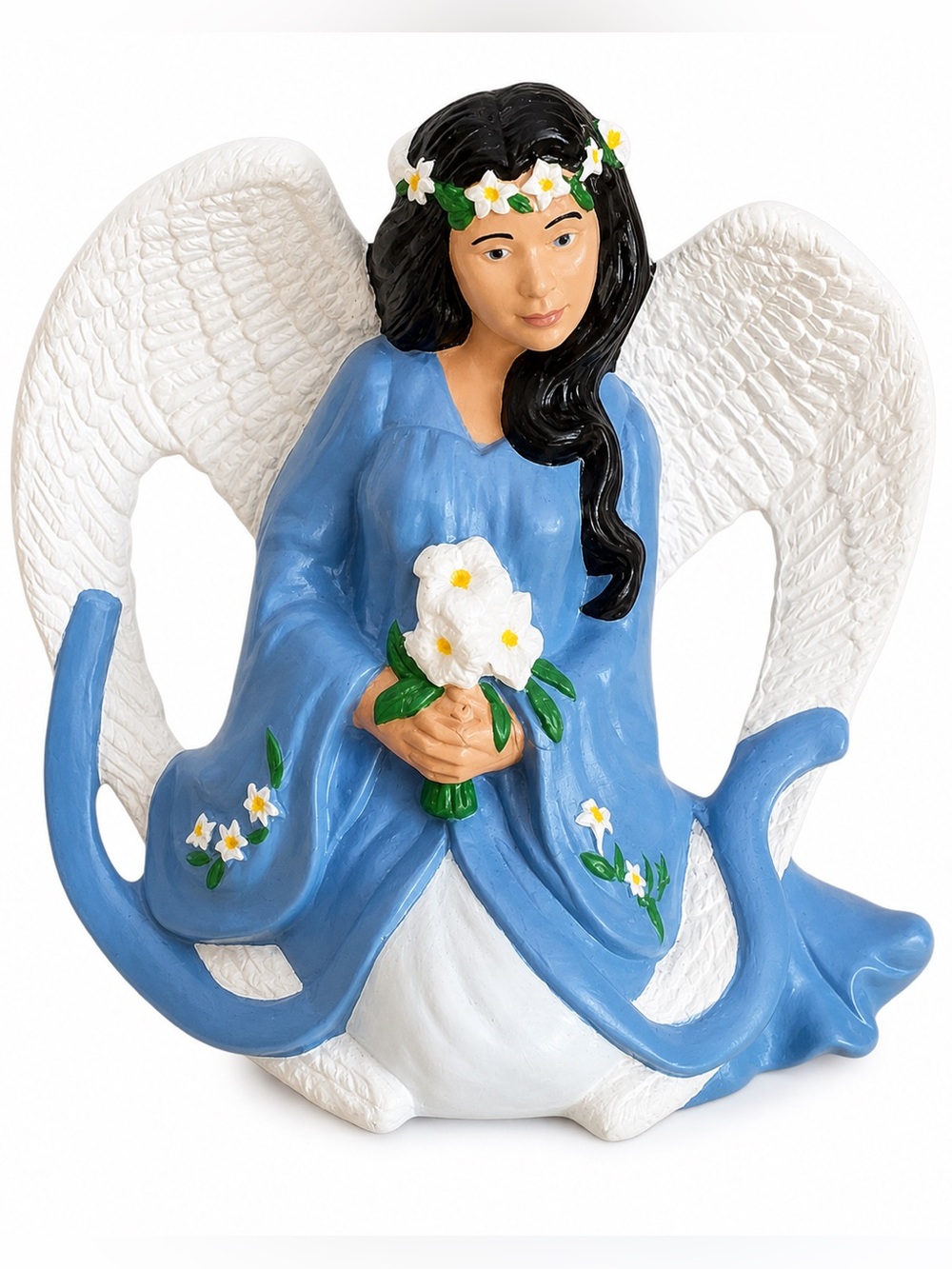 Angel #3 Vintage Blue Angel Figurine Holding Flowers | Hand Painted | Decor